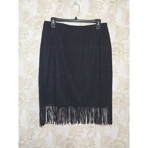 NEW Ninety Black Crochet Fringed Midi Skirt sz L Country Western Boho Festival